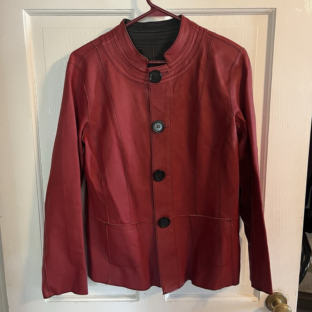 Peck and Peck Women's Reversible Leather Red Black Jacket M Soft Moto Buttons
